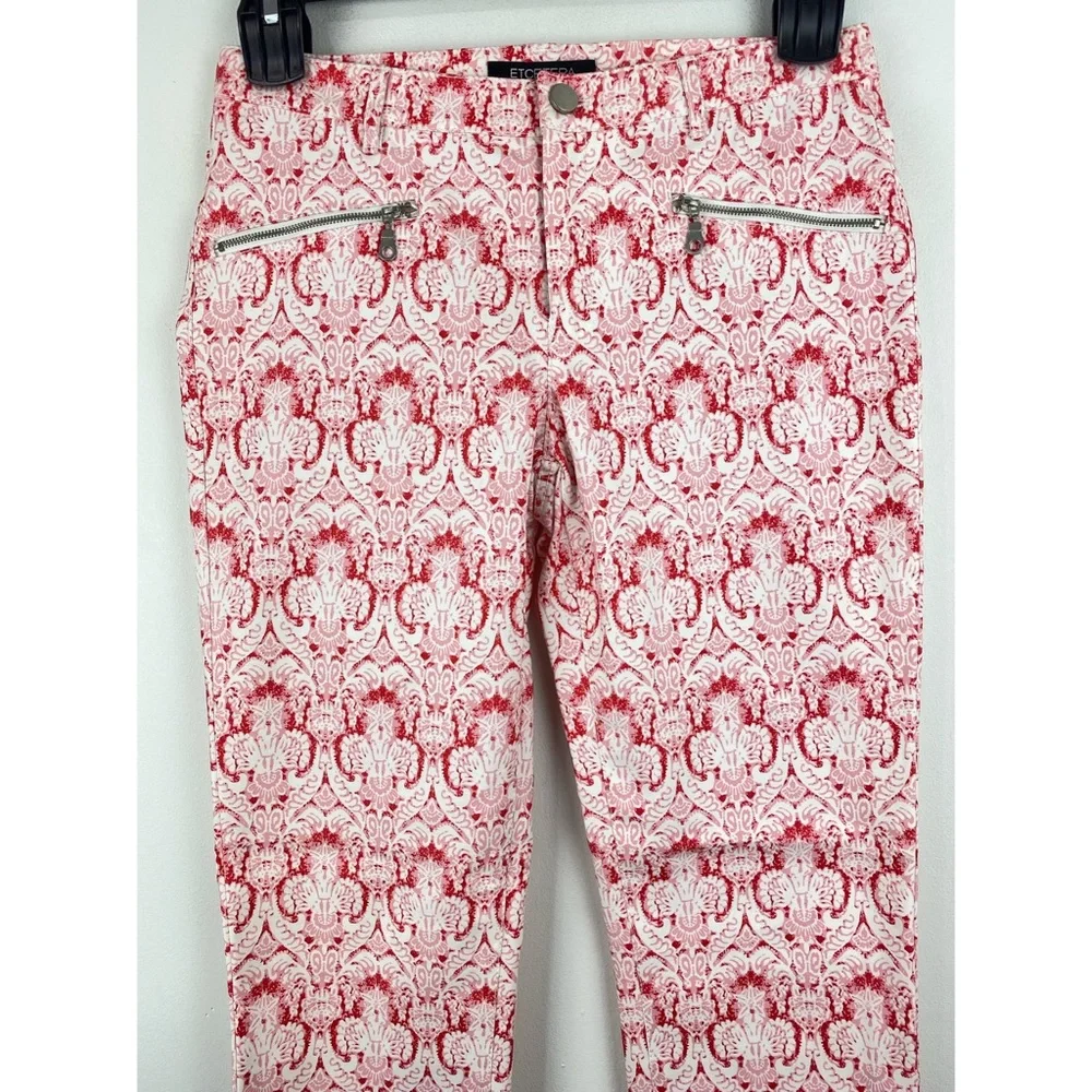 Etcetera size 2 Women's Pink Red White Print Zipper Pocket Skinny Pants